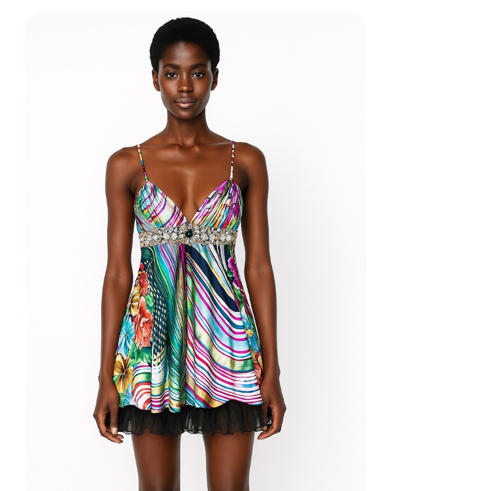 Mac Duggal Couture Multi Print Babydoll Beaded Fit & Flare Party Dress. 4